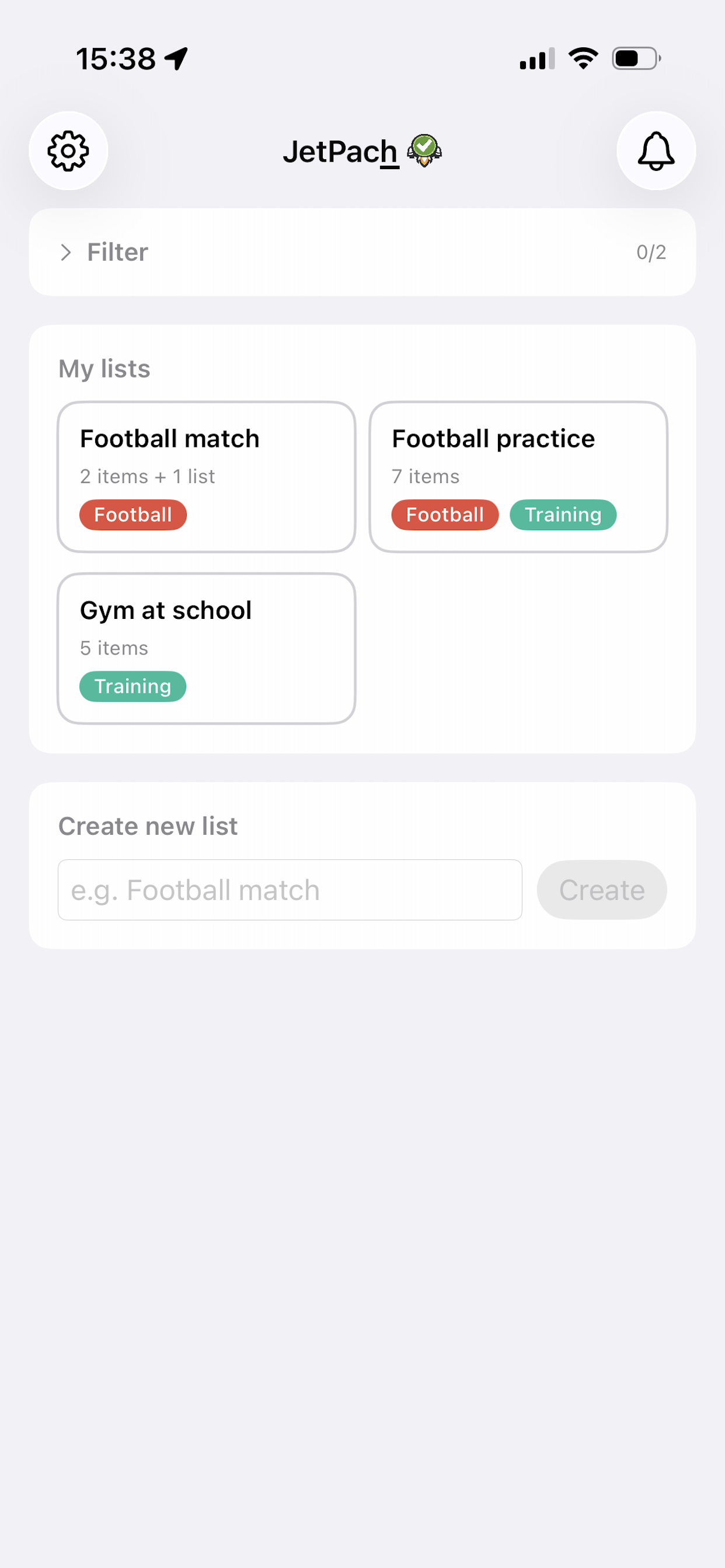 JetPach home screen showing packing lists with tags